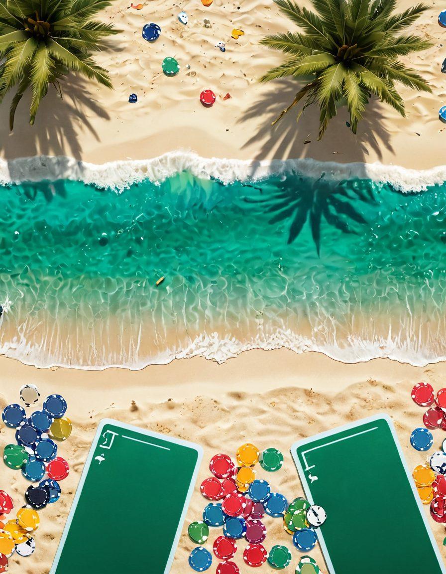 A vibrant beach scene featuring stylish bikinis combined with poker elements, like poker chips and cards, scattered in the sand. In the background, a poker table appears under a palm tree, merging the world of fashion and strategic games. Bright colors of the swimwear contrast with the green felt of the poker table, creating a lively atmosphere. Summer sunlight and ocean waves complete the scene. super-realistic. vibrant colors. 3D.